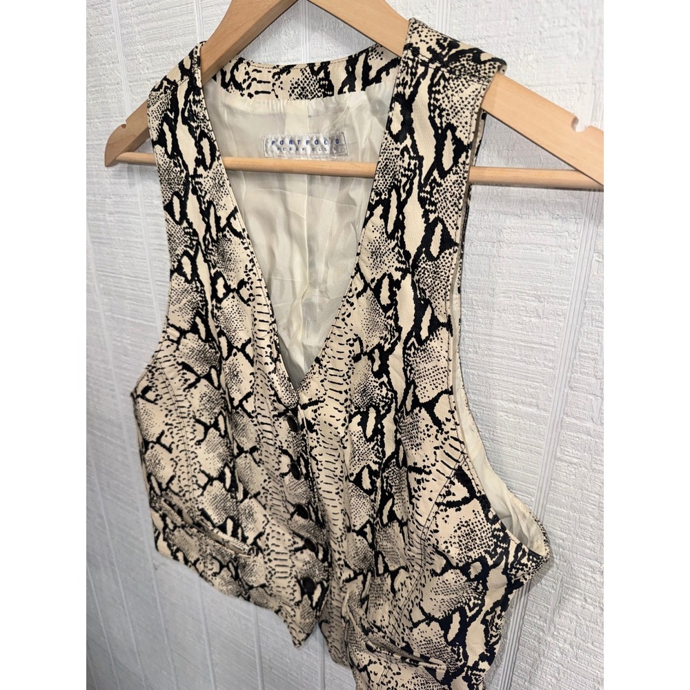 Portfolio Perry Ellis Vest Womens Cream Black Snakeskin Leather Cropped 90s S - Picture 2 of 6